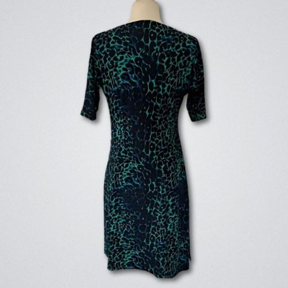 BCBGMaxazria Asymmetrical jersey Dress Ruched Leopard Print Green Medium - Picture 3 of 7